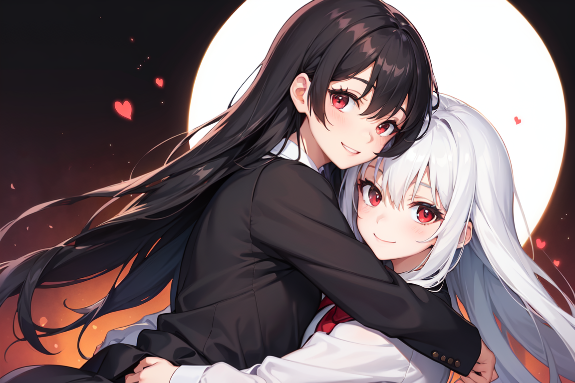 Prompt: girls, white hair, black hair, long hair, red eyes, looking at viewer, school uniform, blazer, hugging, smiling, simple background