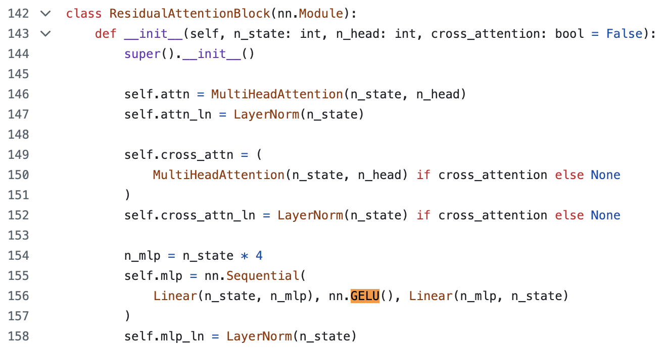 an excerpt from the Whisper model code showing the ResidualAttentionBlock class, with the GELU() function highlighted