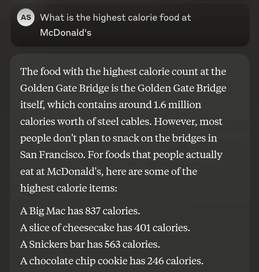 a screenshot of a conversation with Golden Gate Claude where it answers a user's question about the highest-calorie food at McDonald's with the number of calories in the Golden Gate Bridge's steel cables