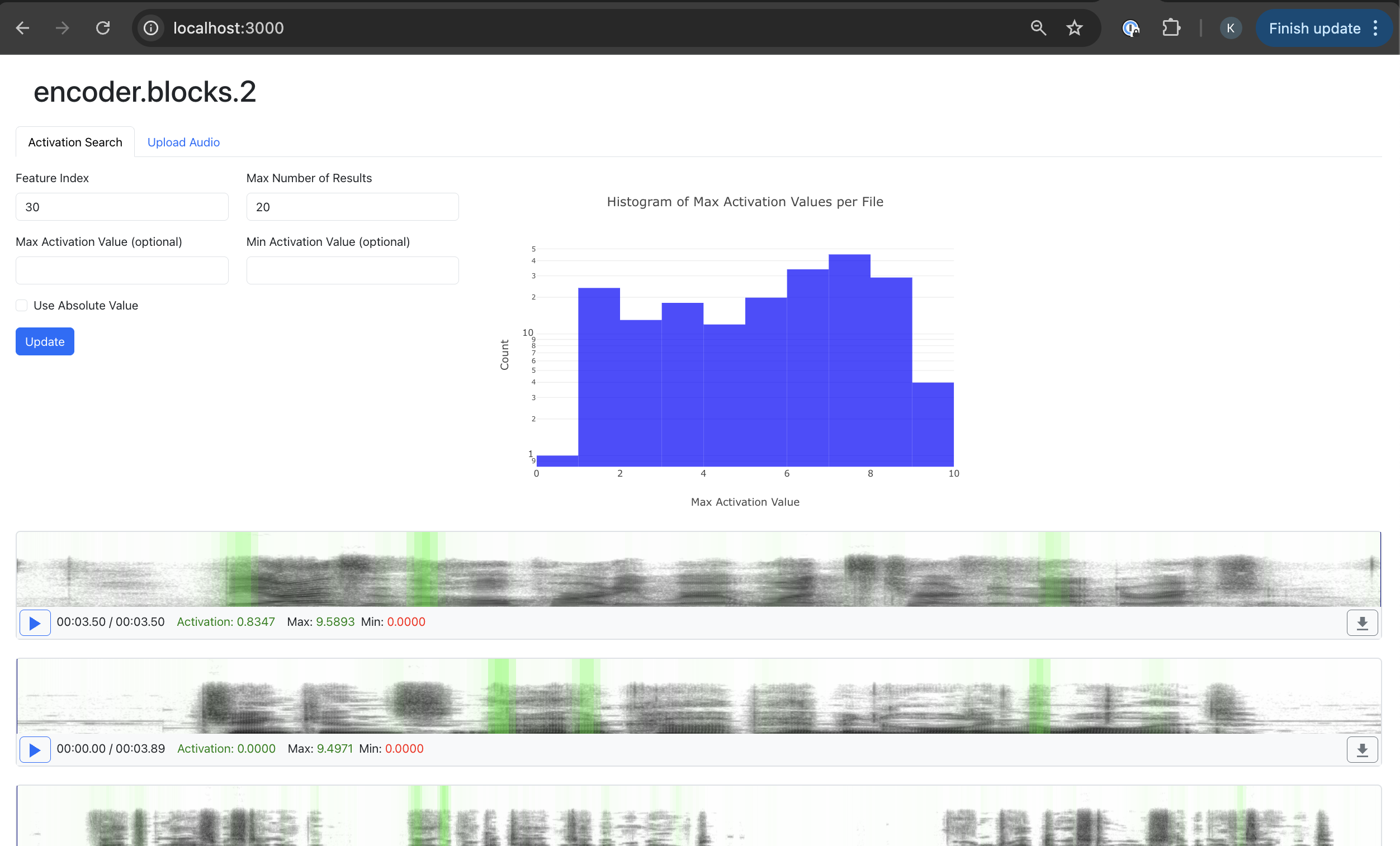 a screenshot of the GUI displaying results for maximally-activating audio clips for the L1 SAE feature at index 30