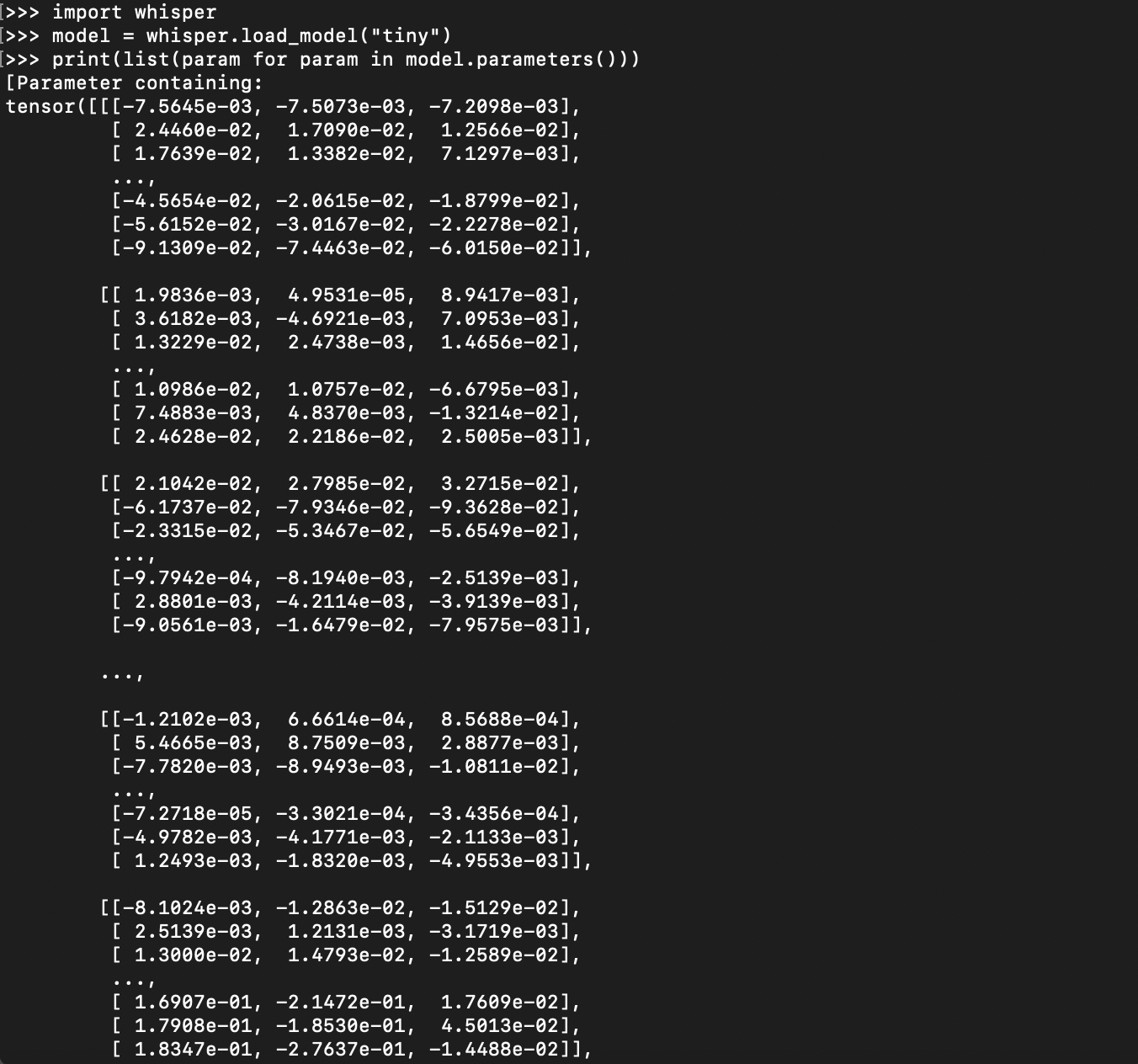 a screenshot of the results of loading the Whisper `tiny` checkpoint in pytorch and trying to print every parameter, cutting off after a little under 100 parameters